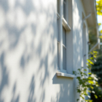 Weiße Hausfassade mit Fenster im Sonnenlicht, deren Oberfläche mit dem Fassadenanstrich Premium beschichtet ist und durch die Schatten von nahen Bäumen lebendig wirkt.