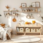 Helles und gemütliches Kinderzimmer Holzdesign mit einem Holzbett, sanften Textilien, einem Sideboard mit Körben, hängenden Regalen und dekorativen Pflanzen in einer warmen, einladenden Atmosphäre.