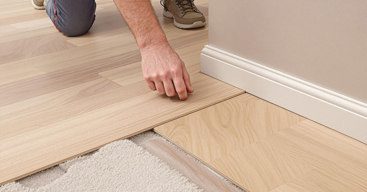 Projekt 367 Handwerker verlegt helle Holzfußbodenpaneele in einem Raum.