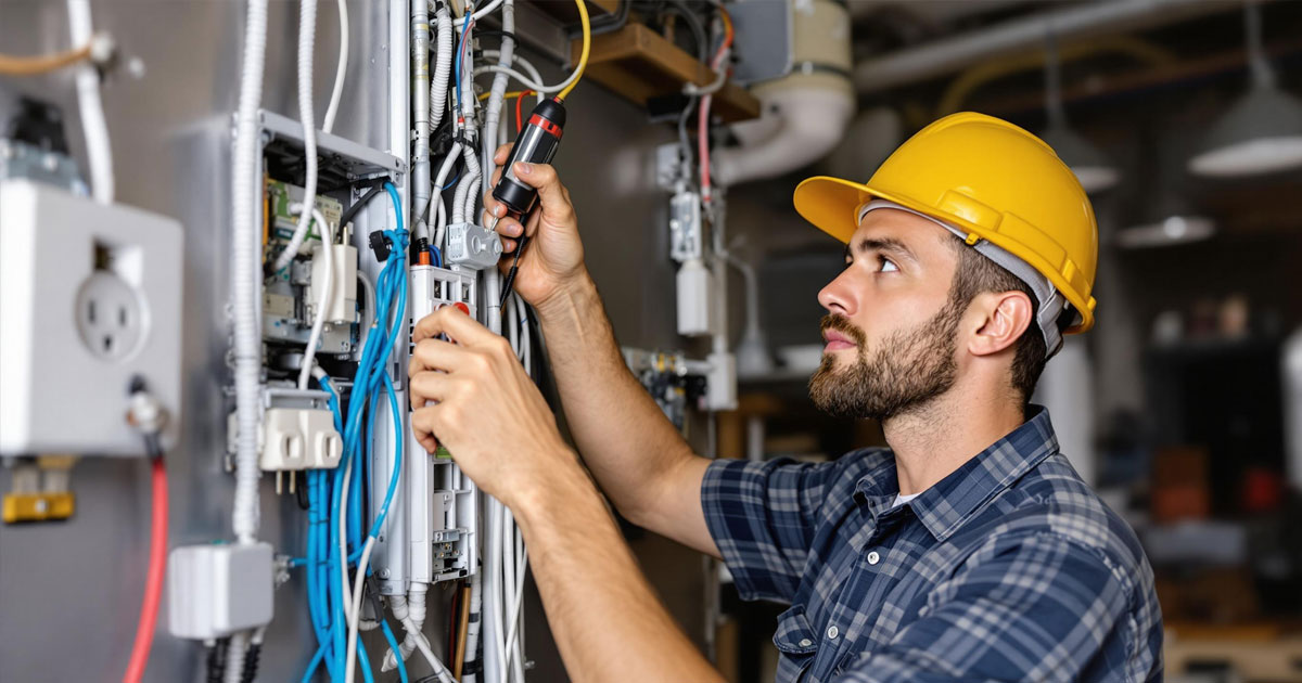 Projekt 367 Elektriker überprüft ein Schaltschrank mit Kabelverbindungen.