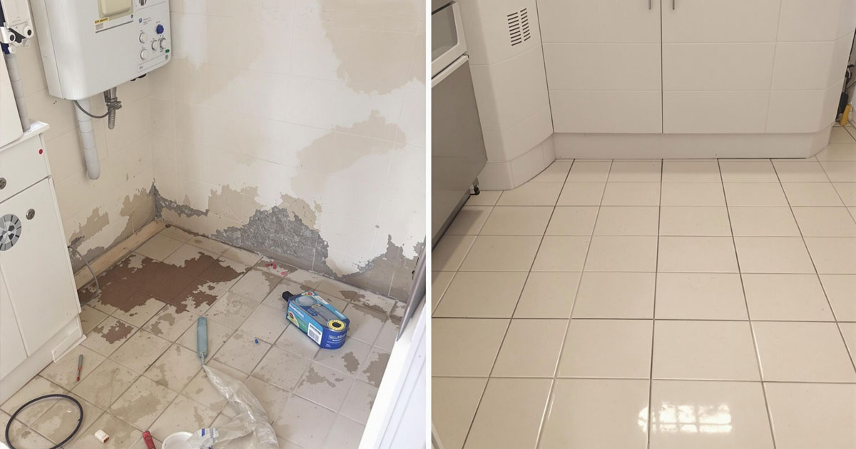 Projekt 368 Vorher-Nachher-Vergleich einer renovierten gefliesten Küche.