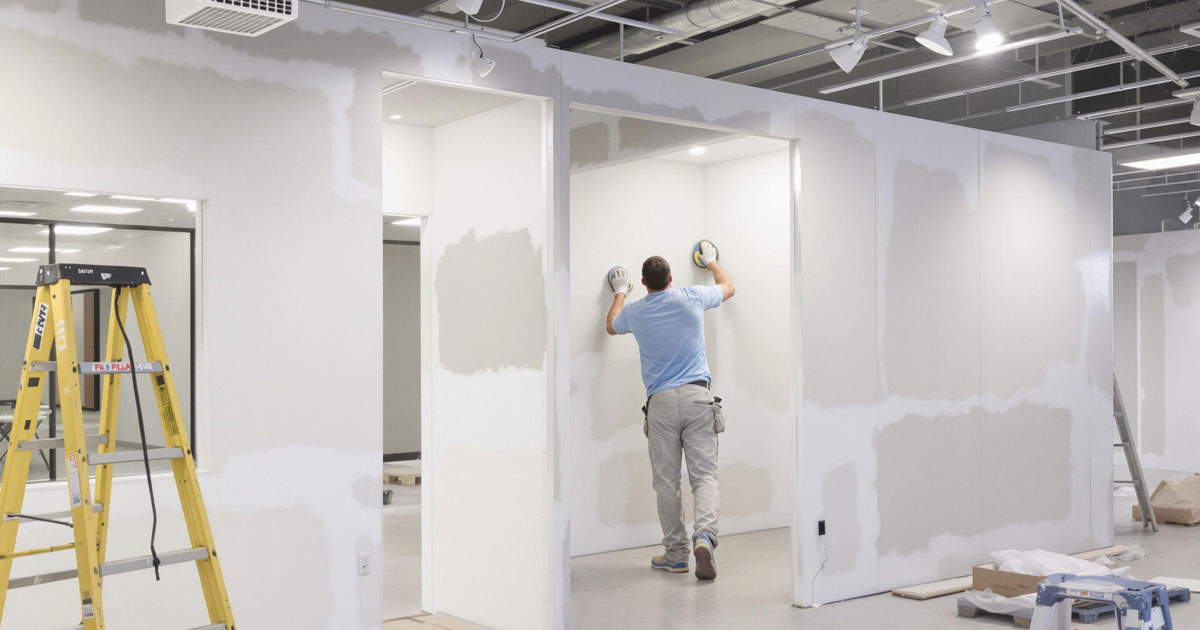 Projekt 369 zeigt einen Handwerker beim Schleifen neu gespachtelter Wände in einem Bürogebäude.
