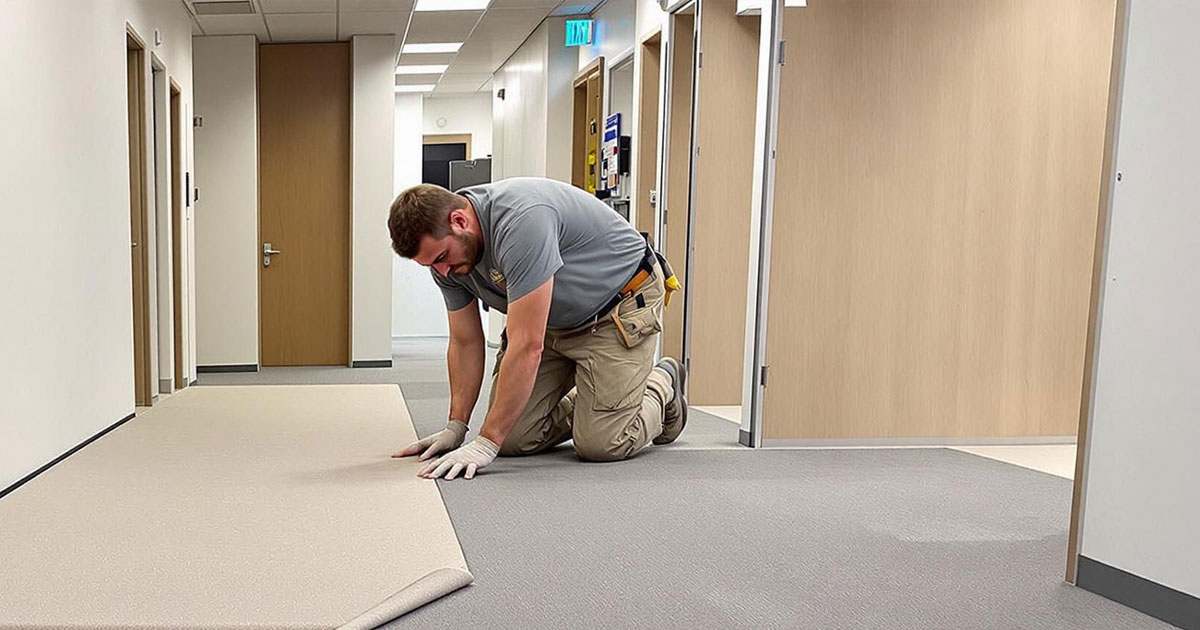 Projekt 369 zeigt einen Handwerker beim Verlegen eines Teppichbodens in einem modernen Büroflur.