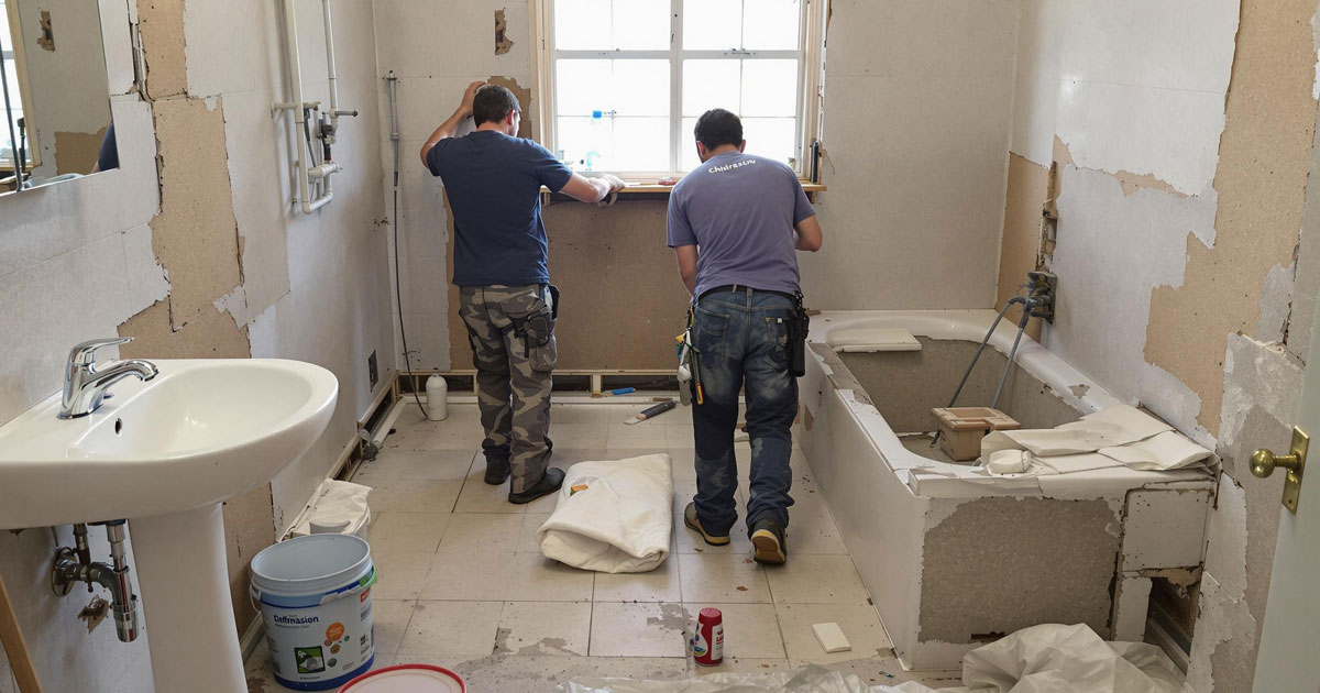 Projekt 370 zeigt zwei Handwerker bei der Sanierung eines alten Badezimmers mit teilweise entfernten Fliesen.