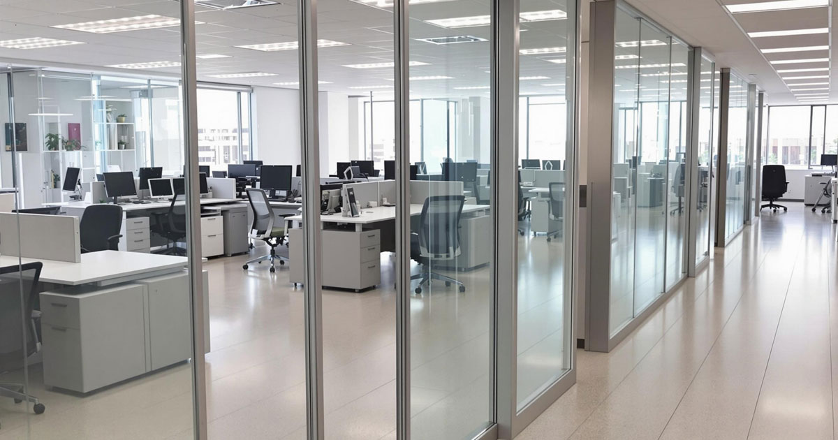 Projekt 371 zeigt ein großzügiges Büro mit modernen Arbeitsplätzen und Glaswänden für transparente Raumaufteilung.