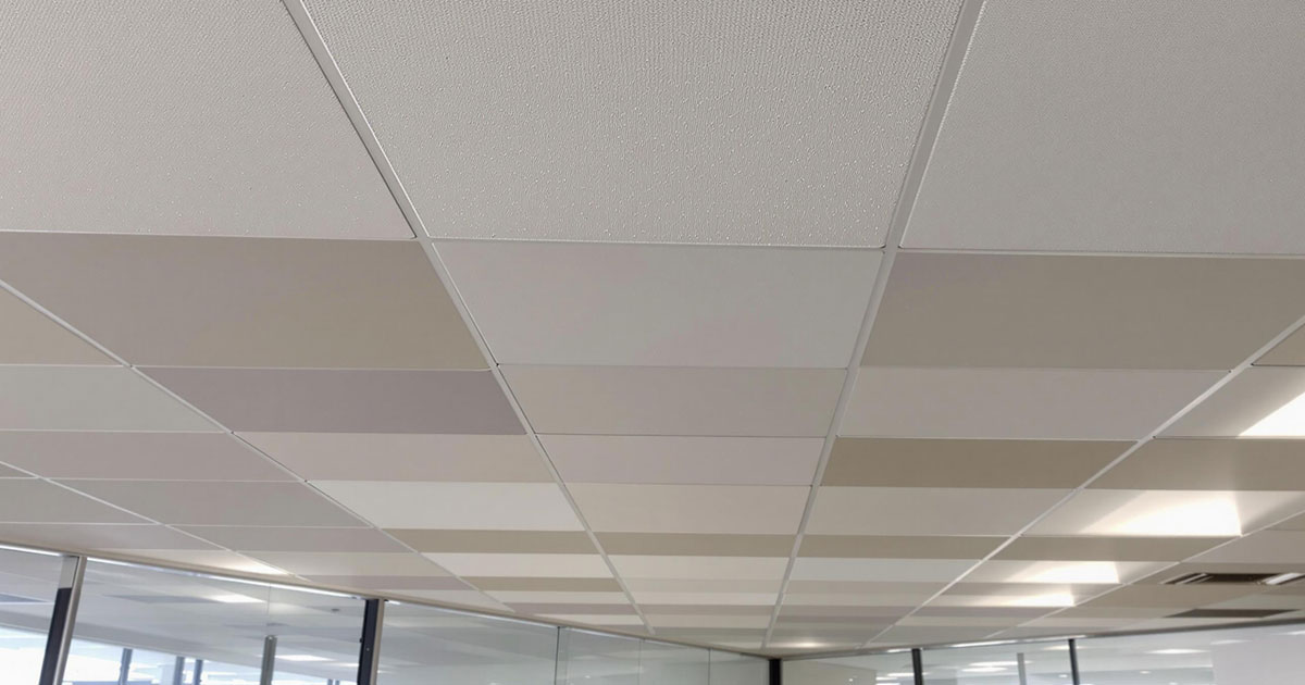 Projekt 371 zeigt eine abgehängte Rasterdecke mit schallabsorbierenden Deckenplatten in einem Bürogebäude.