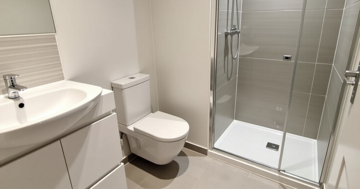 Projekt 373 zeigt ein modernes Badezimmer mit Dusche, Toilette und Waschtisch in neutralen Farbtönen.
