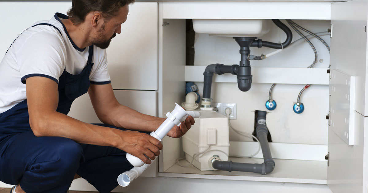 Projekt 374 zeigt einen Handwerker bei der Installation der Sanitäranschlüsse unter einem Küchenspülbecken.