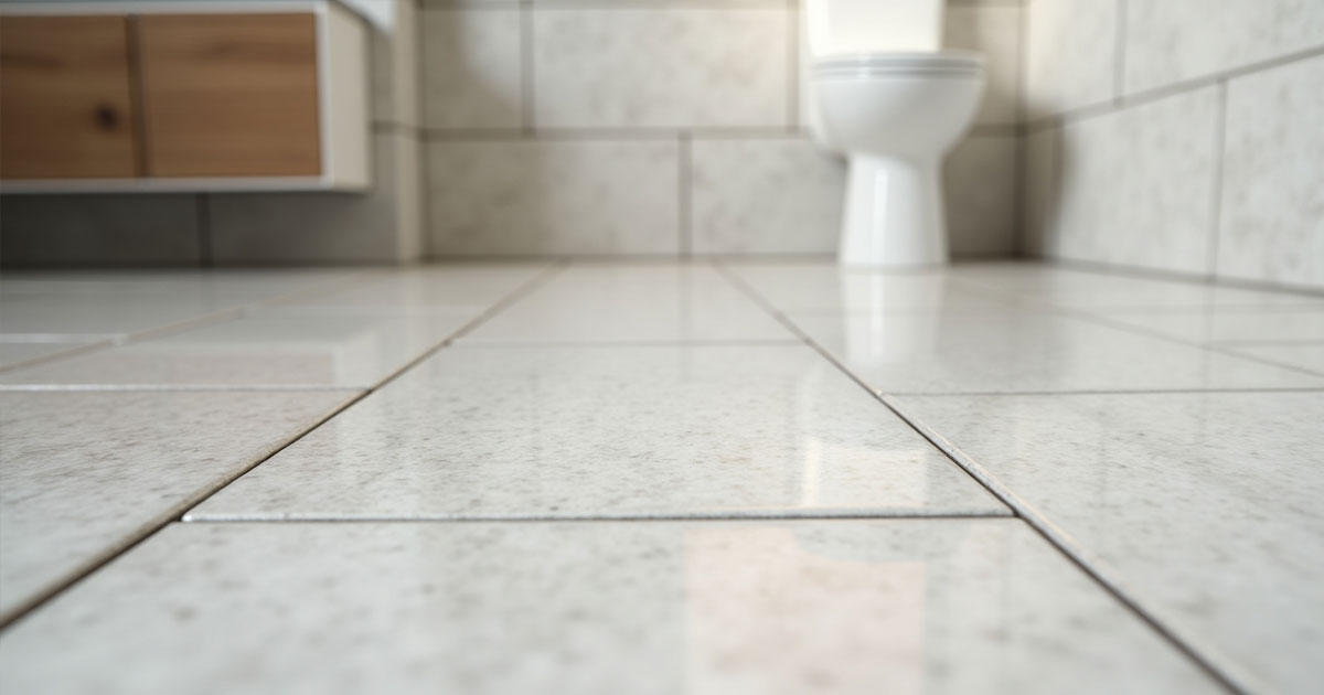 Projekt 374 zeigt einen glänzenden gefliesten Badezimmerboden mit sichtbarem WC im Hintergrund.