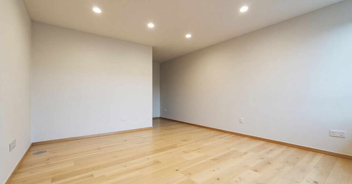 Projekt 375 zeigt einen leeren Raum mit hellem Holzboden und weißen Wänden unter Einbauleuchten.