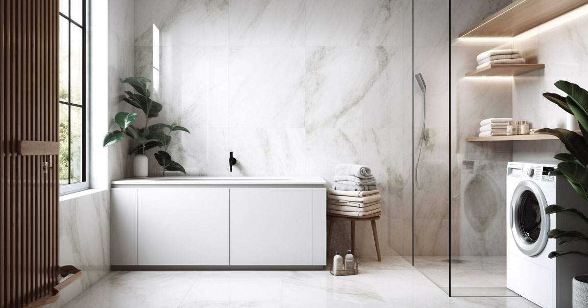 Projekt 375 zeigt ein elegantes Badezimmer mit weißem Marmor, Badewanne, Dusche und Waschmaschine.