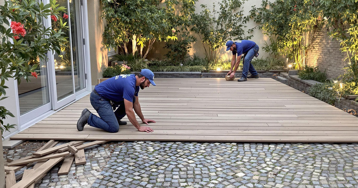 Projekt 376 zeigt zwei Arbeiter bei der Verlegung einer Holzterrasse in einem begrünten Innenhof.