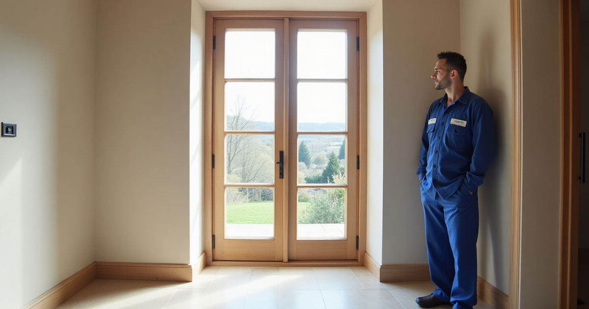 Projekt 376 zeigt einen Mann in blauer Arbeitskleidung, der neben einer großen Holztür mit Glas steht.
