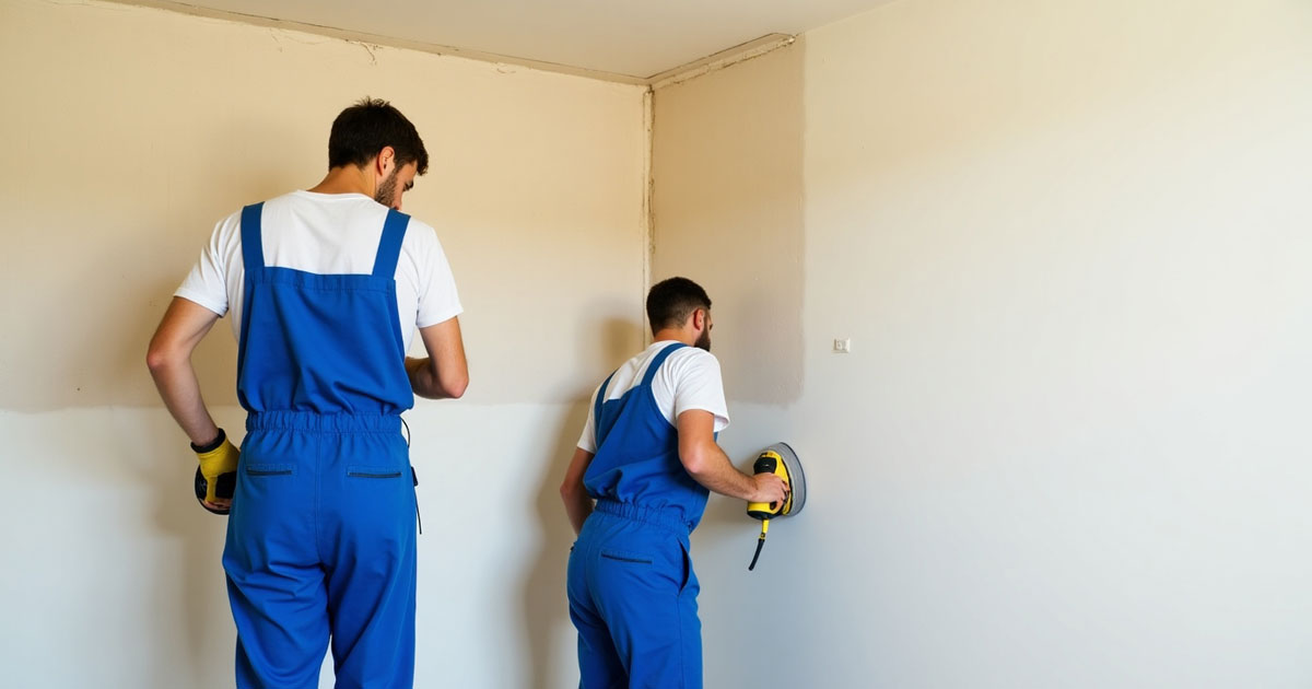 Projekt 377 zeigt zwei Handwerker in blauer Arbeitskleidung beim Bearbeiten einer Wand mit Schleifmaschinen.