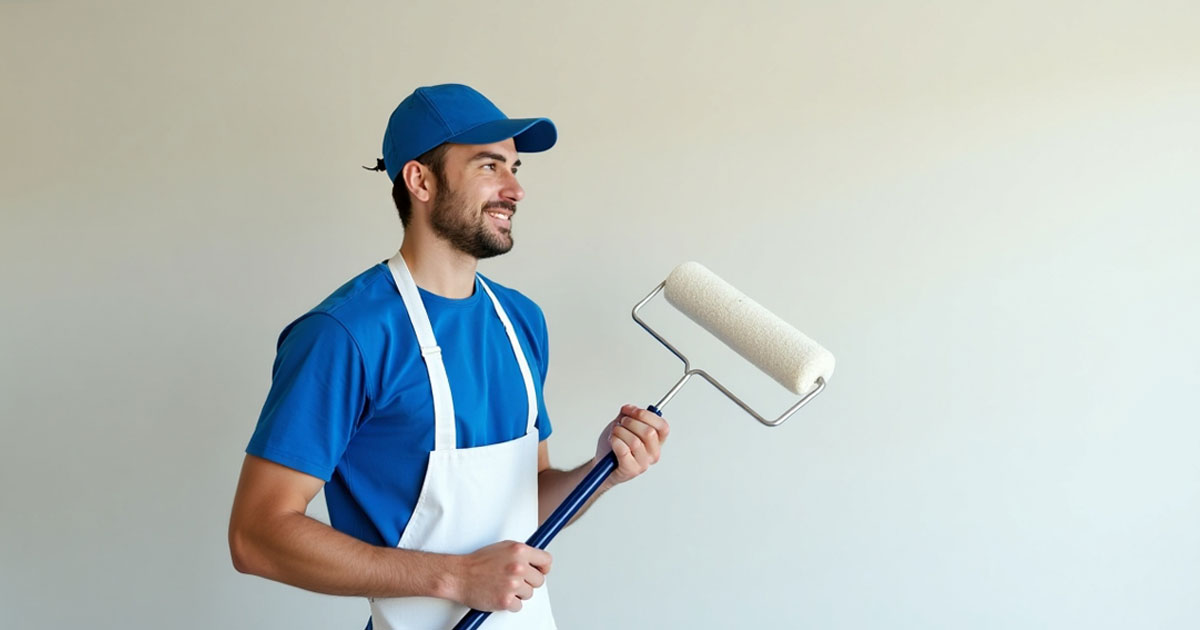 Projekt 377 zeigt einen jungen Maler in blauer Kleidung, der eine Farbrolle vor einer Wand hält.