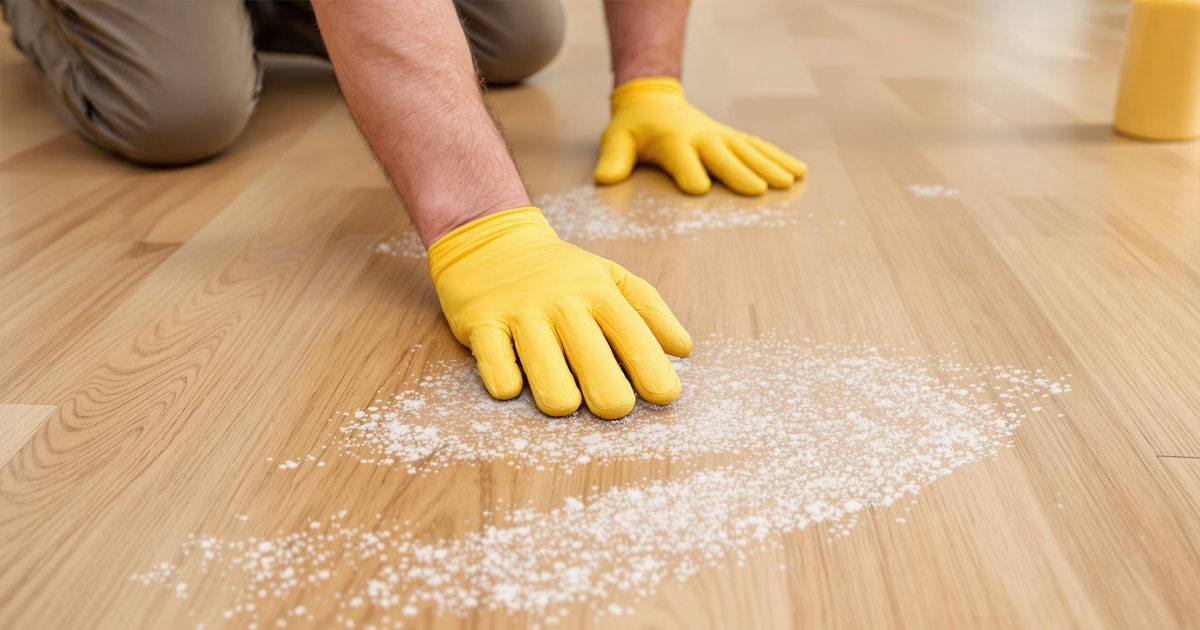 Projekt 377 zeigt das Reinigen eines Holzfußbodens mit weißen Pulvern und gelben Handschuhen.