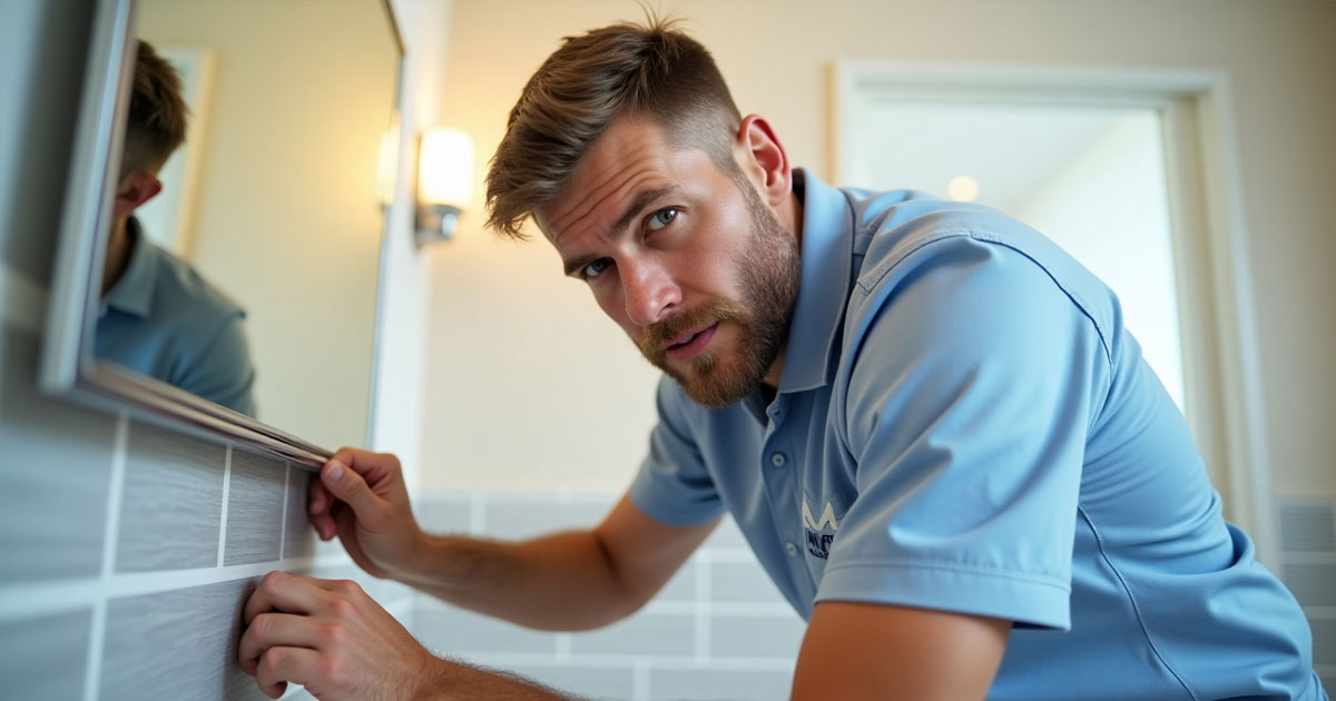 Projekt 377 zeigt einen Handwerker, der einen Spiegel an einer grau gefliesten Wand im Badezimmer befestigt.