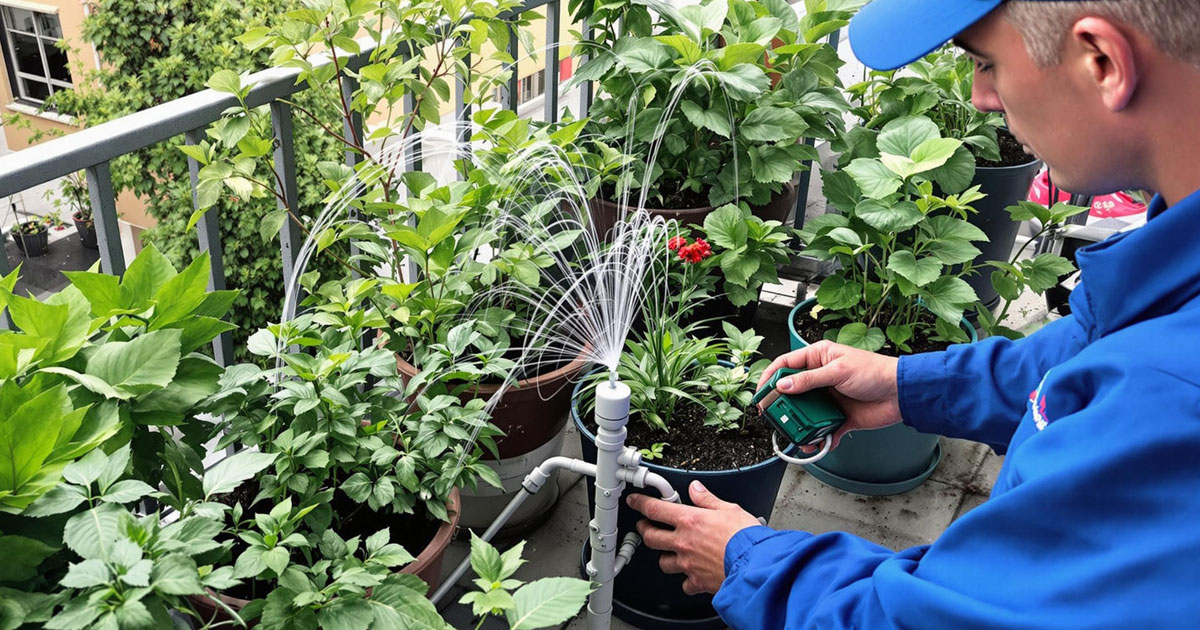 Projekt 378 zeigt einen Gärtner beim Einstellen einer Bewässerungsanlage auf einem bepflanzten Balkon.