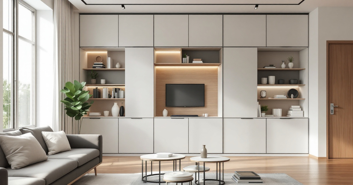 Modern eingerichtetes Wohnzimmer mit großer Fensterfront, grauem Sofa, zwei runden Couchtischen und einer Wand mit Ständerwand Montage, die Fernseher, Regale und Schränke mit integrierter Beleuchtung umfasst.