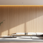 Modern eingerichtetes Wohnzimmer mit einer hellen, vertikal strukturierten Wohnzimmer Akzentwand aus Holzpaneelen, einem großen grauen Sofa, einem minimalistischen Holz-Couchtisch und einer dezenten Topfpflanze in einer weißen Vase, durchflutet von natürlichem Tageslicht durch großzügige Fensterflächen.